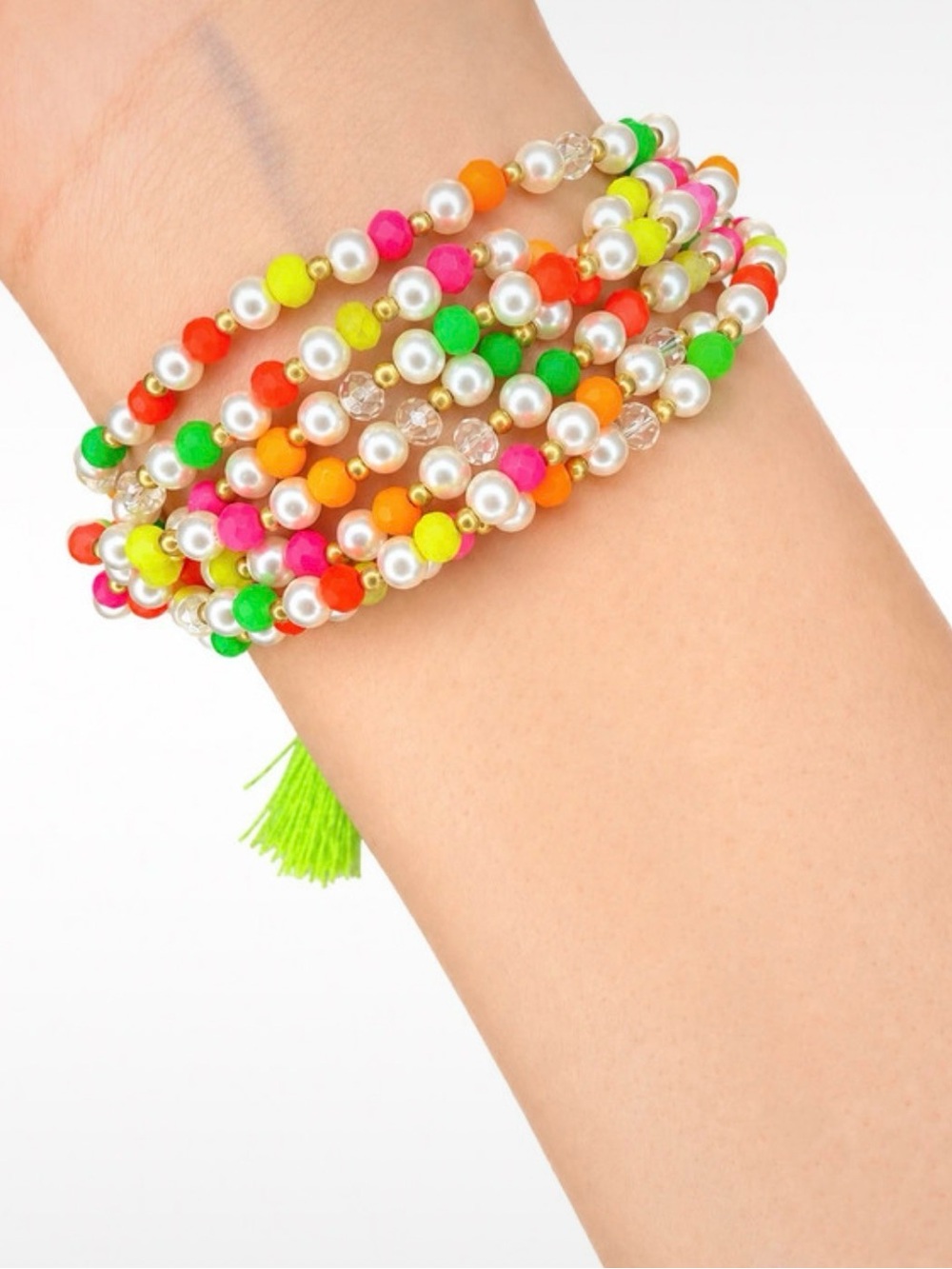 Neon Pearl Multi-Strand Wrap Bracelet with Tassel